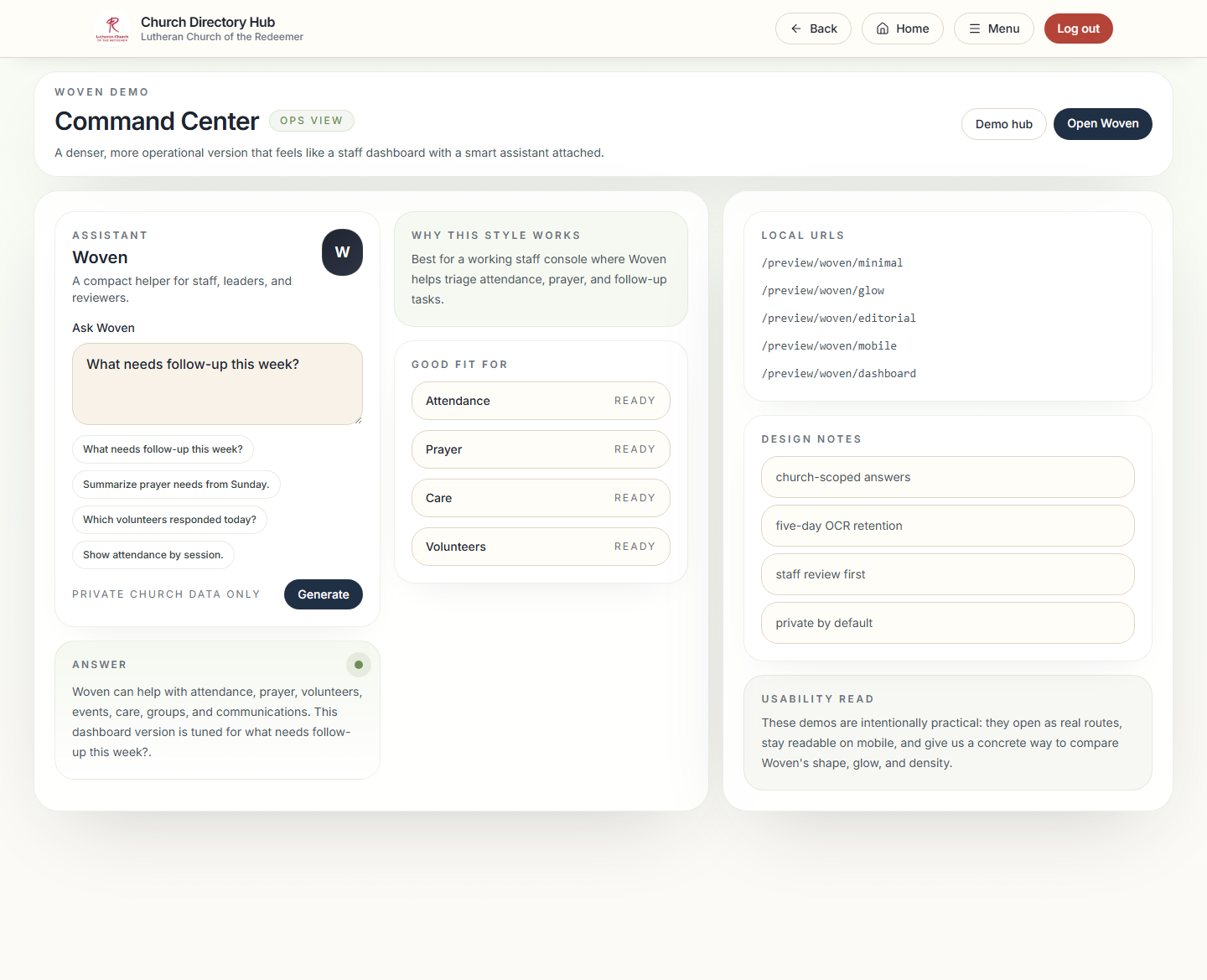 Live Church Hub Application OneThread command center interface