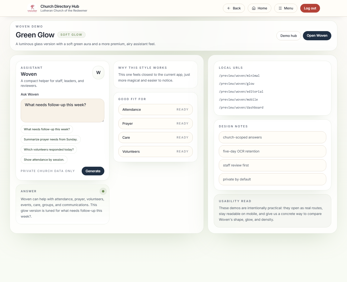 Live Church Hub Application OneThread assistant interface